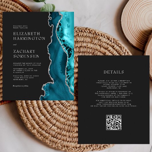Budget Teal Agate Zilveren QR Code Trouw Uitnodigi