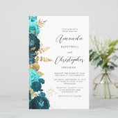 Budget Teal Aqua Goud Bloem QR Code Trouwfeest (Staand voorkant)