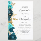 Budget Teal Aqua Goud Bloem QR Code Trouwfeest (Voorkant)
