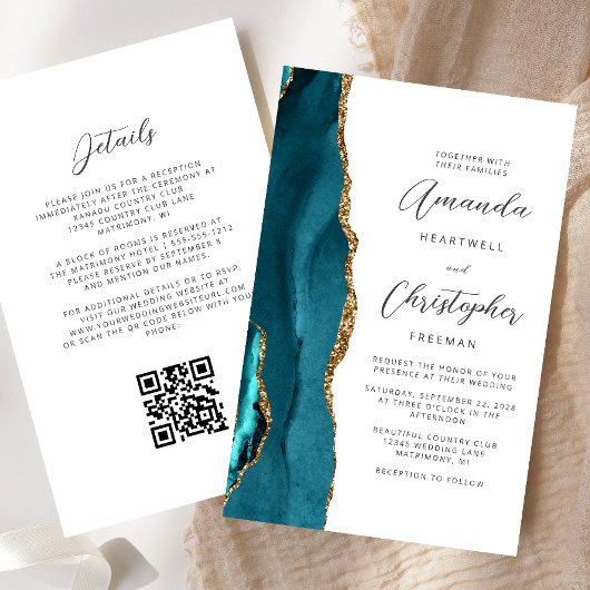 Budget Teal Blauw Goud Agaat QR Code Trouwen