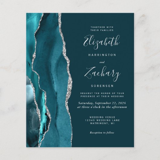 Budget Teal Blauw Gouden Agate 4-Foto Trouw Uitnod (Voorkant)