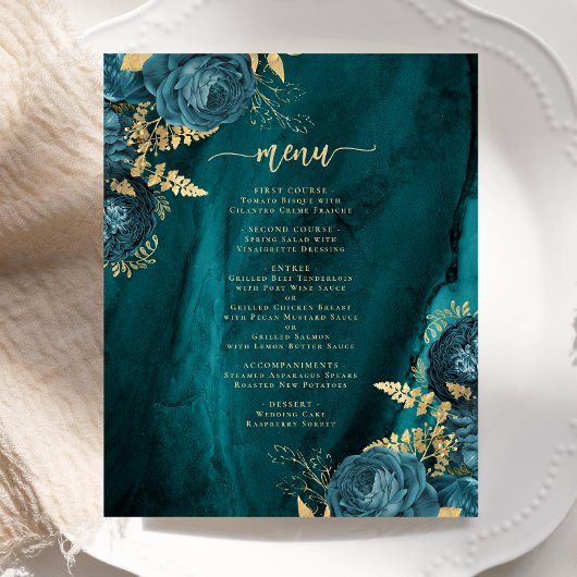 Budget Teal Blauw Gouden Bloem Bruiloftsmenu