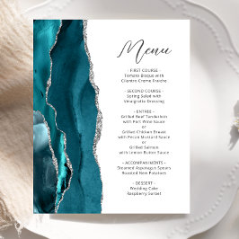 Budget Teal Blauw Zilveren Agate Script Trouwmenu