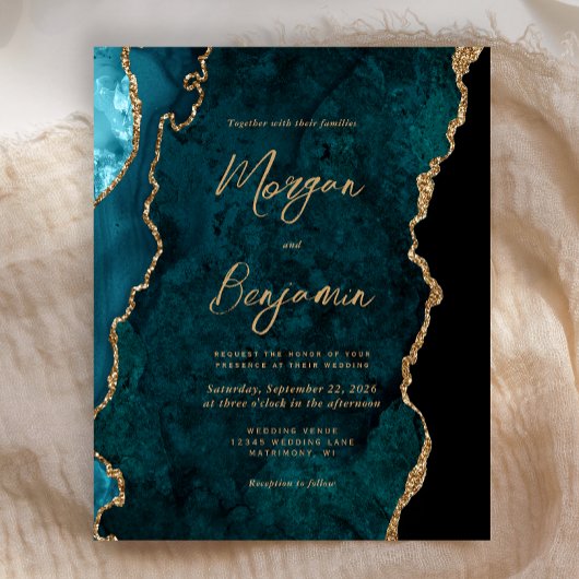 Budget Teal Blauwe Agaat Script Trouw Uitnodiging
