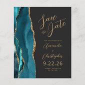 Budget Teal Blauwe Goud Agate Script Bewaar de Dat (Voorkant)