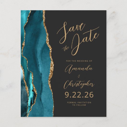 Budget Teal Blauwe Goud Agate Script Bewaar de Dat (Voorkant)