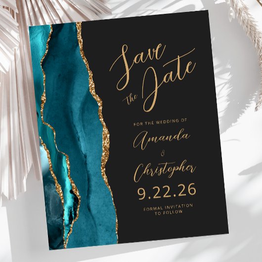 Budget Teal Blauwe Goud Agate Script Bewaar de Dat