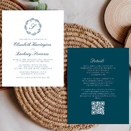Budget Teal Blauwe Monogram Krans QR Code Huwelijk
