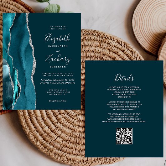 Budget Teal Blauwe Zilveren Agate QR Code Trouwkaa