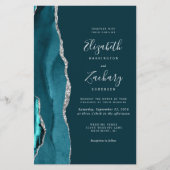 Budget Teal Blauwe Zilveren Agate Trouw Uitnodigin (Voorkant)
