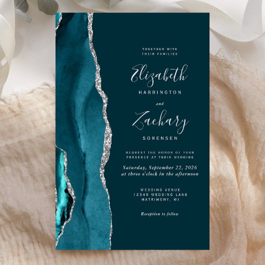 Budget Teal Blauwe Zilveren Agate Trouw Uitnodigin