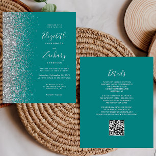 Budget Teal Blauwe Zilveren Glitter QR Code Trouwf