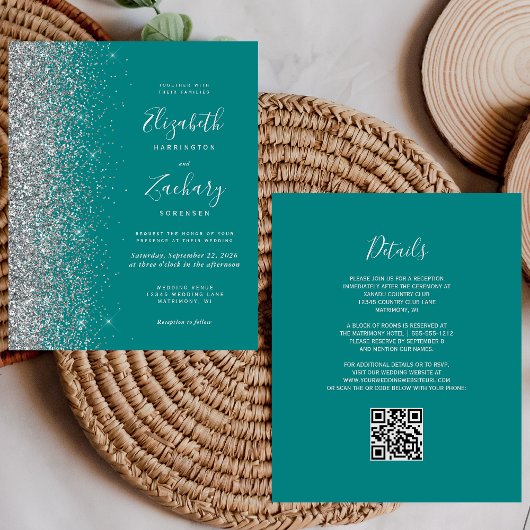 Budget Teal Blauwe Zilveren Glitter QR Code Trouwf
