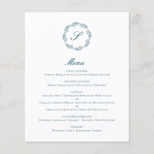 Budget Teal Blue Monogram Wreath Wedding Menu (Voorkant)