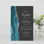 Budget Teal Blue Silver Agate Dark Wedding Invite (Staand voorkant)
