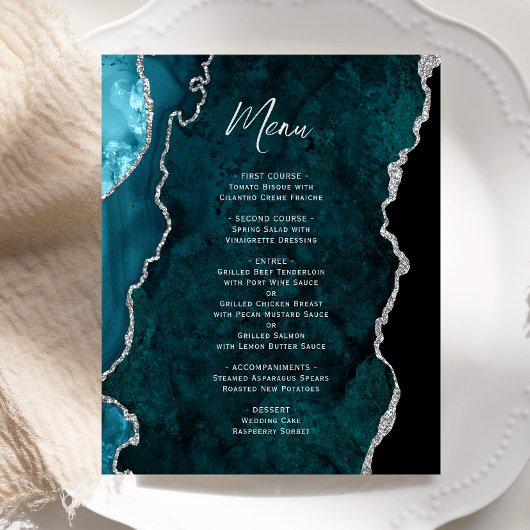 Budget Teal Blue Silver Agate Wedding Menu