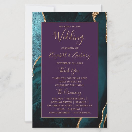 Budget Teal Gold Agate Purple Wedding Program (Voorkant)