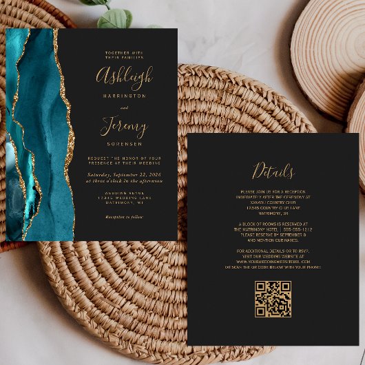 Budget Teal Gold QR Code Wedding Invitation