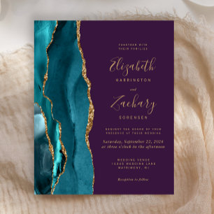 Budget Teal Goud Agate Paars Huwelijksuitnodiging