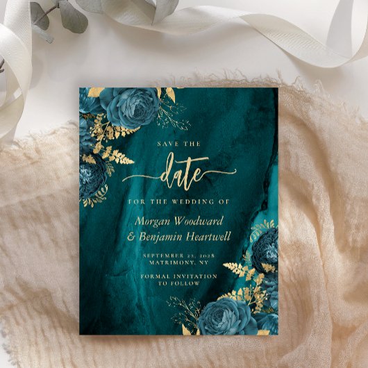 Budget Teal Goud Bloemige Trouw Save the Date