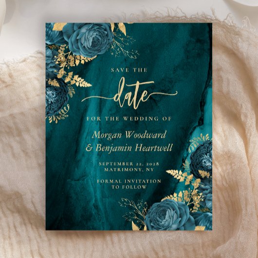 Budget Teal Goud Bloemige Trouw Save the Date