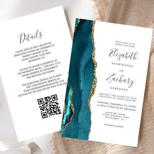 Budget Teal Gouden QR Code Trouwuitnodiging