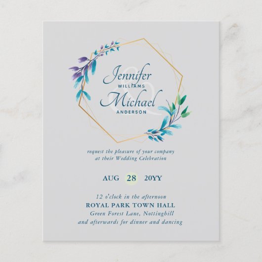 BUDGET Teal Paars Gouden Krans Trouw Uitnodigingen (Voorkant)