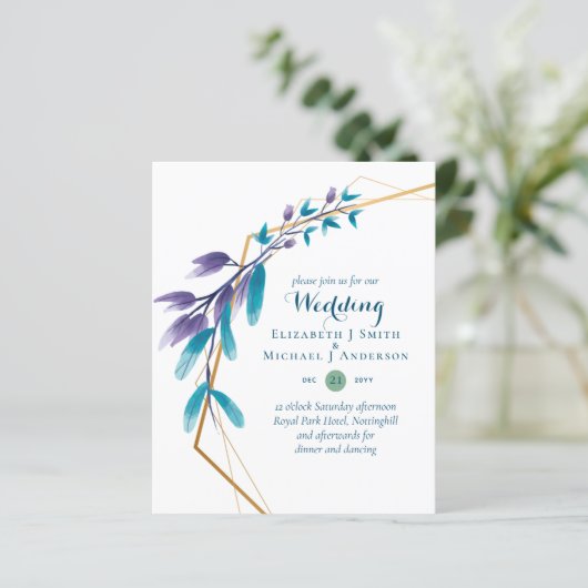 BUDGET Teal Paars Gouden Krans Trouw Uitnodigingen (Staand voorkant)