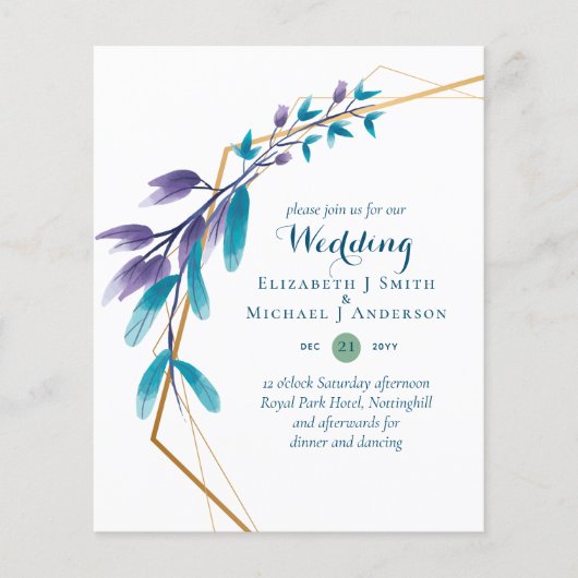 BUDGET Teal Paars Gouden Krans Trouw Uitnodigingen (Voorkant)