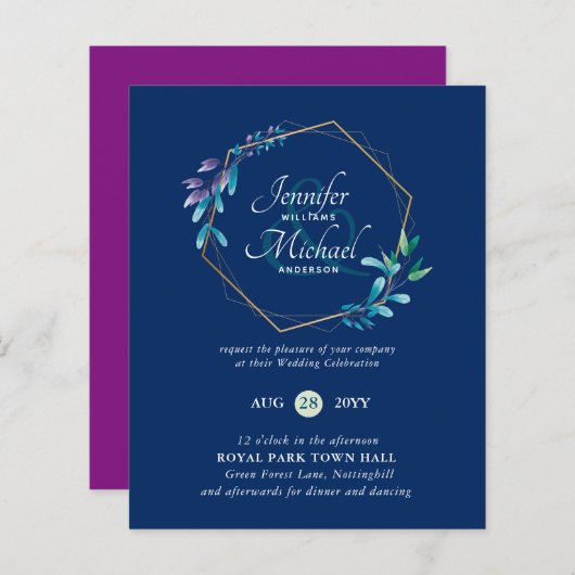 BUDGET Teal Paars Gouden Krans Trouw Uitnodigingen (Voorkant / Achterkant)