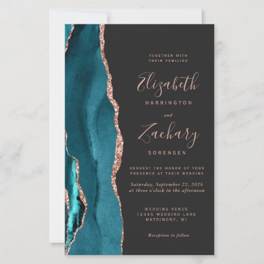 Budget Teal Rose Gold Agate Dark Wedding Invite (Voorkant)