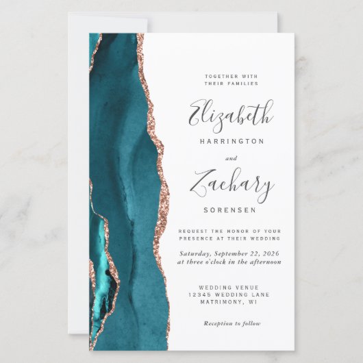 Budget Teal Rose Gold Agate Wedding Invitation (Voorkant)
