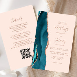 Budget Teal Rose Gold Blush QR Code Wedding Invite