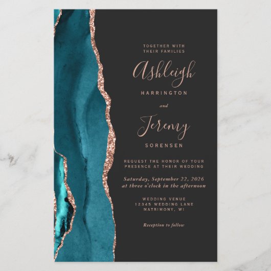 Budget Teal Rose Gold Dark QR Code Wedding Invite (Voorkant)
