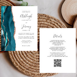 Budget Teal Rose Goud QR Code Trouw Uitnodiging