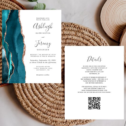Budget Teal Rose Goud QR Code Trouw Uitnodiging