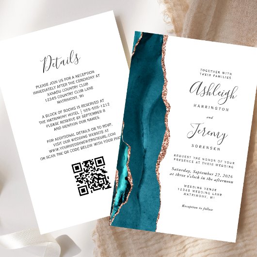 Budget Teal Rose Goud QR Code Trouw Uitnodiging