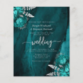 Budget Teal Silver Floral QR Code Wedding Invite (Voorkant)