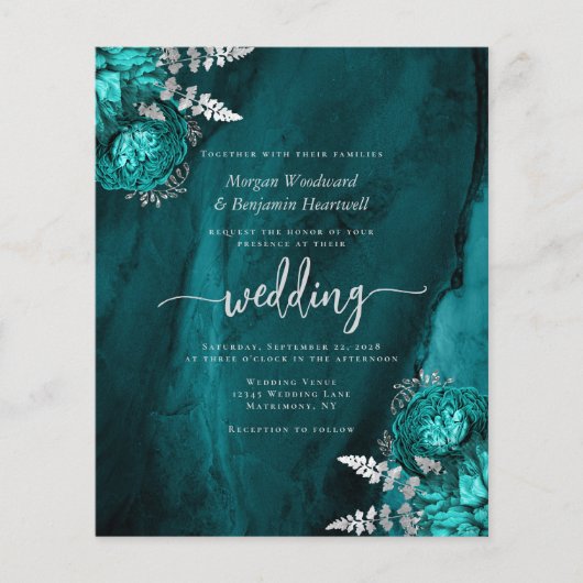 Budget Teal Silver Floral QR Code Wedding Invite (Voorkant)