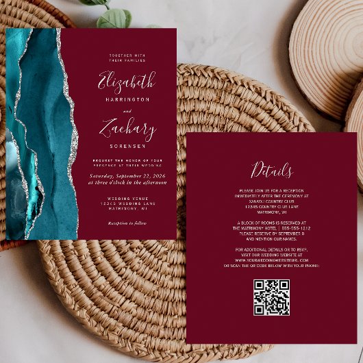 Budget Teal Zilver Agaat Burgundy QR Code Huwelijk