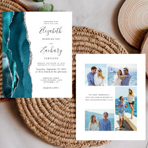 Budget Teal Zilveren Agaten 4-Foto Huwelijksuitnod