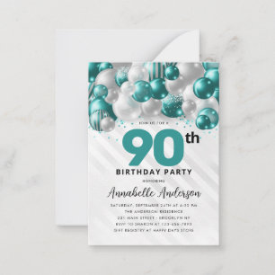 Budget Teal Zilveren Ballon Glitter 90ste Verjaard Notitiekaartje