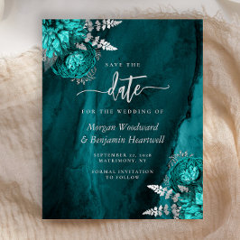 Budget Teal Zilveren Bloem Bruiloft Save the Date