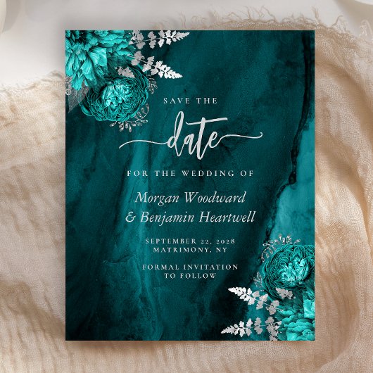 Budget Teal Zilveren Bloem Bruiloft Save the Date