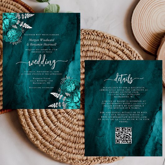 Budget Teal Zilveren Bloemencode QR Trouwuitnodigi