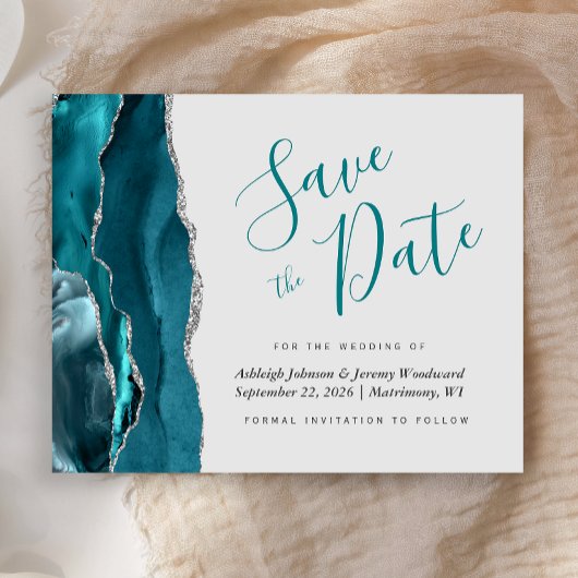 Budget Tealblauw Zilver Agate Grijs Save the Date