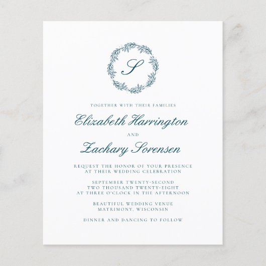 Budget Tealblauwe Monogram Krans Script Bruiloft (Voorkant)