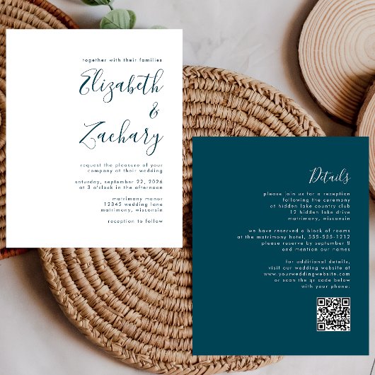 Budget Tealblauwe Script QR Code Trouw Uitnodiging