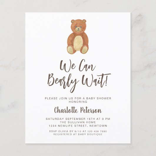 Budget Teddy Bear Baby shower Invitation (Voorkant)