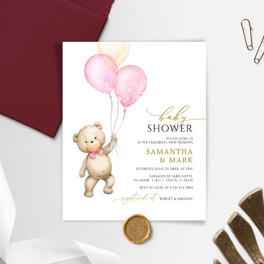 Budget Teddy Bear & Balloon Baby shower Uitnodigin